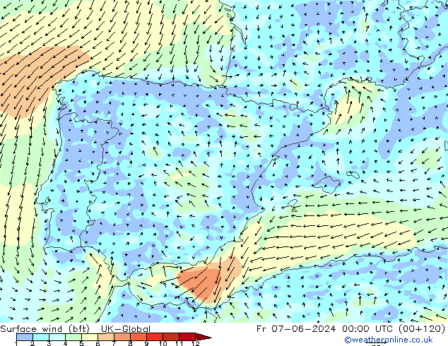 Surface wind (bft) UK-Global Pá 07.06.2024 00 UTC