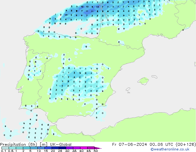 Precipitation (6h) UK-Global Fr 07.06.2024 06 UTC