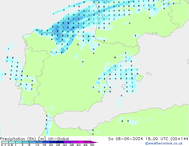 Totale neerslag (6h) UK-Global za 08.06.2024 00 UTC