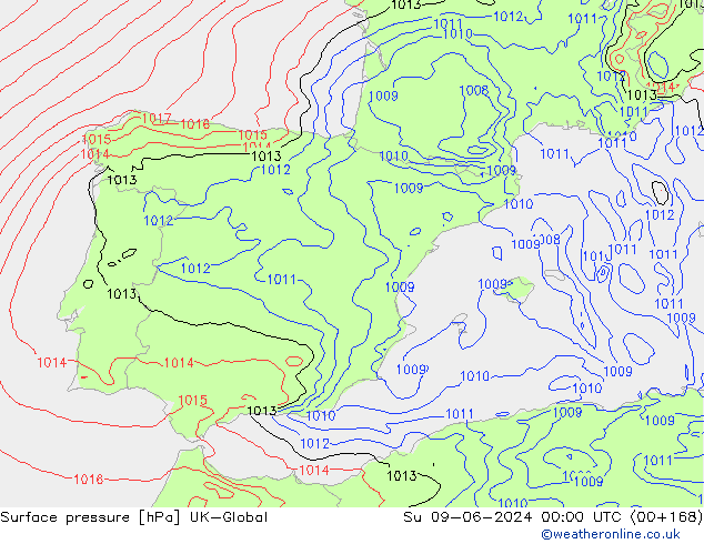 Pressione al suolo UK-Global dom 09.06.2024 00 UTC