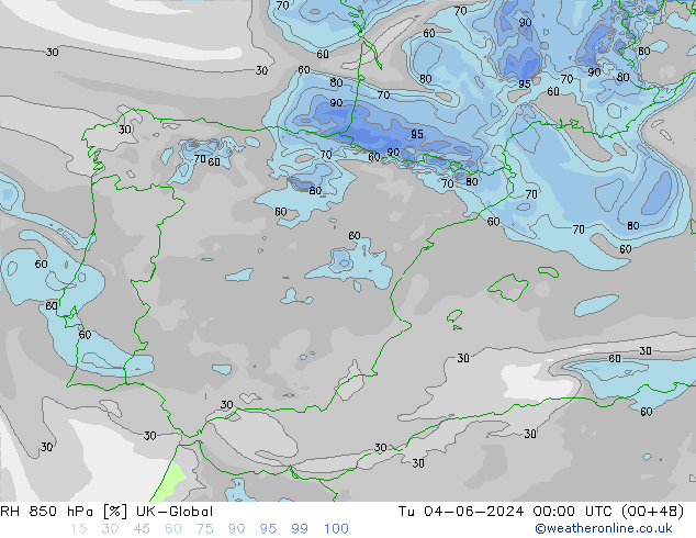RH 850 hPa UK-Global wto. 04.06.2024 00 UTC