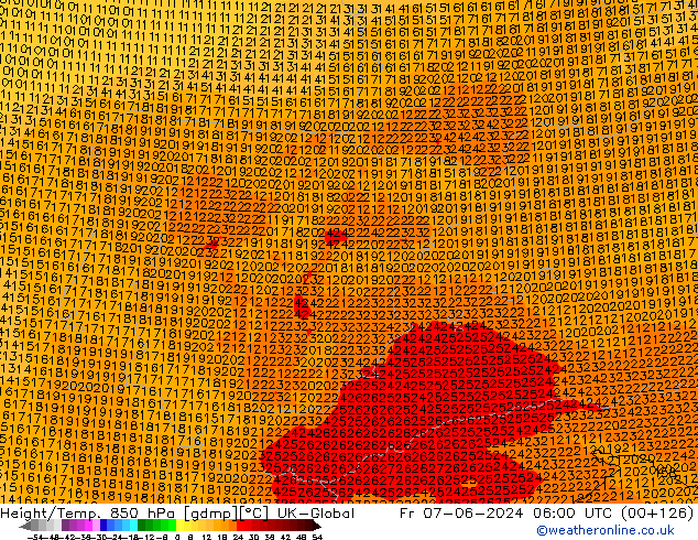 Height/Temp. 850 гПа UK-Global пт 07.06.2024 06 UTC