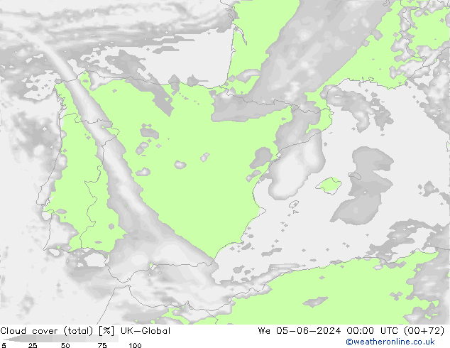 Bewolking (Totaal) UK-Global wo 05.06.2024 00 UTC