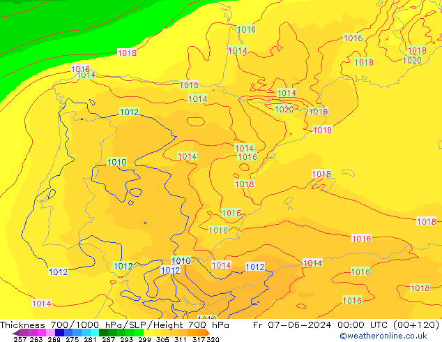 Thck 700-1000 hPa UK-Global pt. 07.06.2024 00 UTC