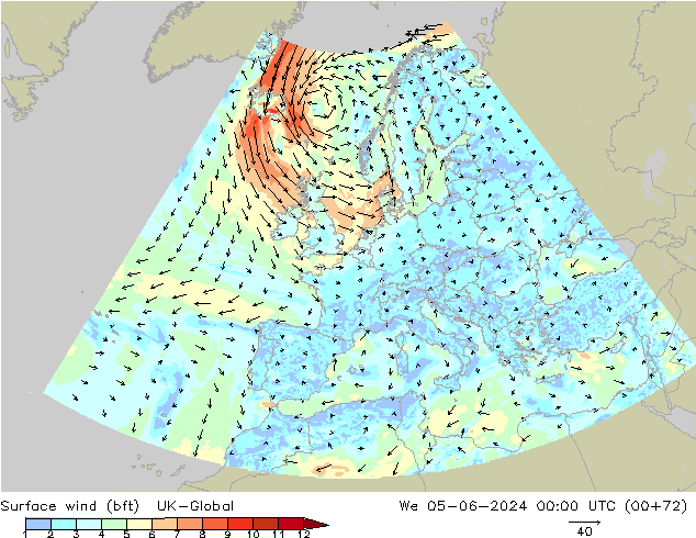 Vento 10 m (bft) UK-Global mer 05.06.2024 00 UTC