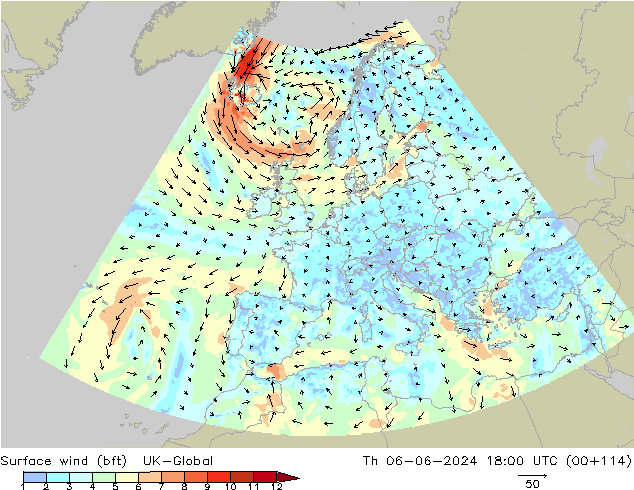 Surface wind (bft) UK-Global Th 06.06.2024 18 UTC