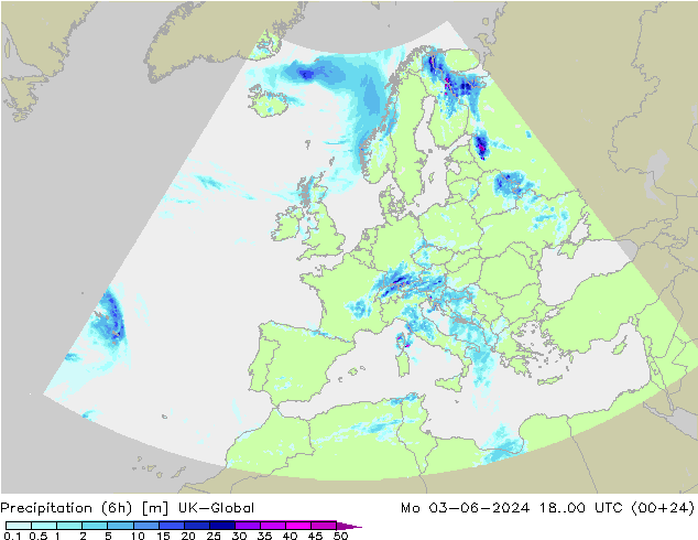 Precipitation (6h) UK-Global Mo 03.06.2024 00 UTC