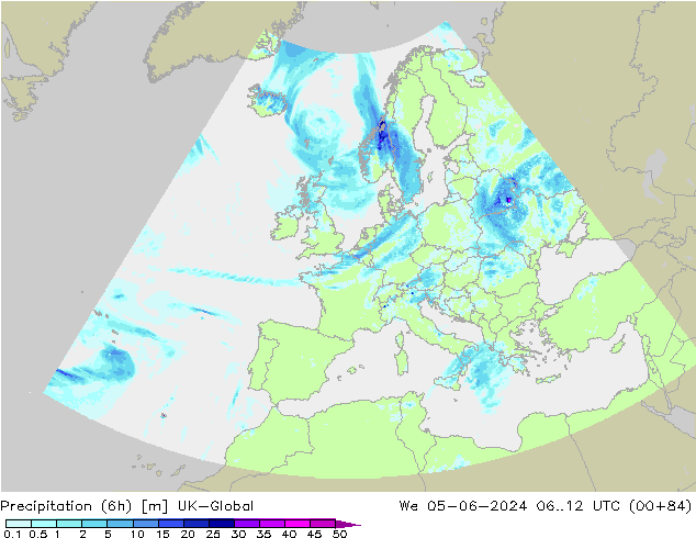 Precipitazione (6h) UK-Global mer 05.06.2024 12 UTC