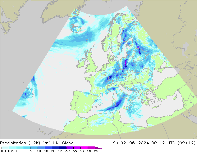 Précipitation (12h) UK-Global dim 02.06.2024 12 UTC