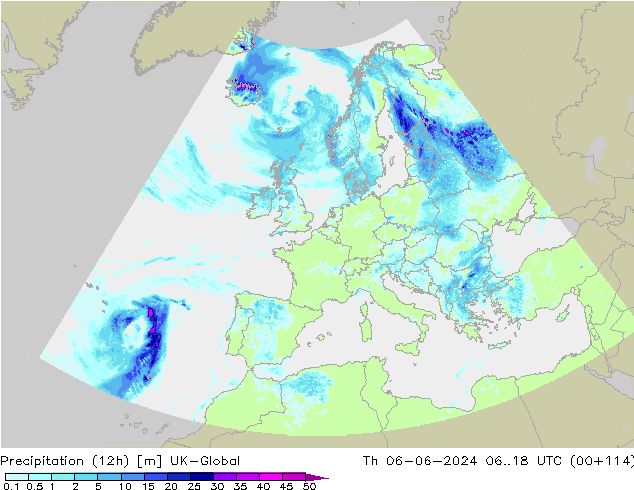 Precipitation (12h) UK-Global Th 06.06.2024 18 UTC