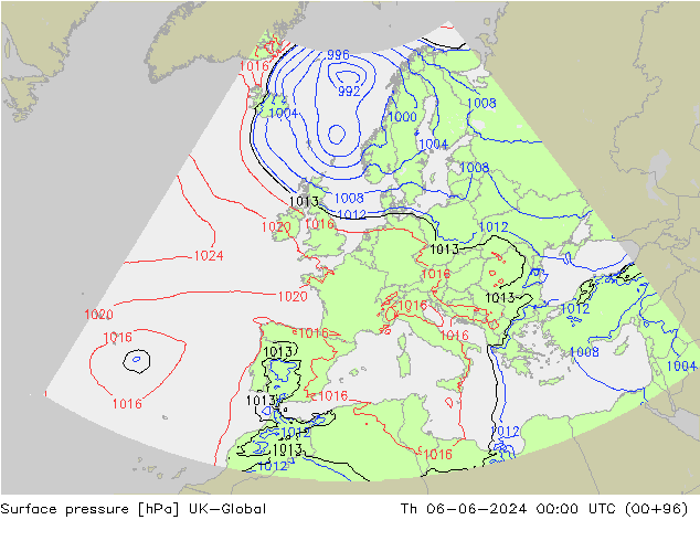 Pressione al suolo UK-Global gio 06.06.2024 00 UTC