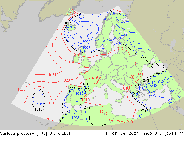 Atmosférický tlak UK-Global Čt 06.06.2024 18 UTC