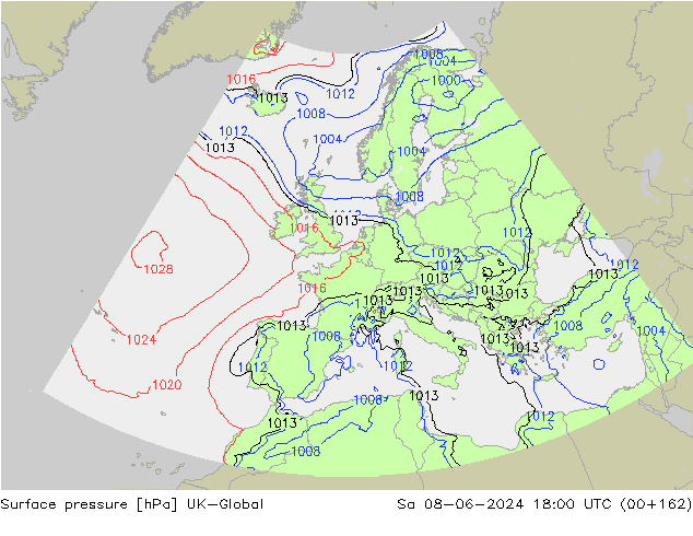 Pressione al suolo UK-Global sab 08.06.2024 18 UTC