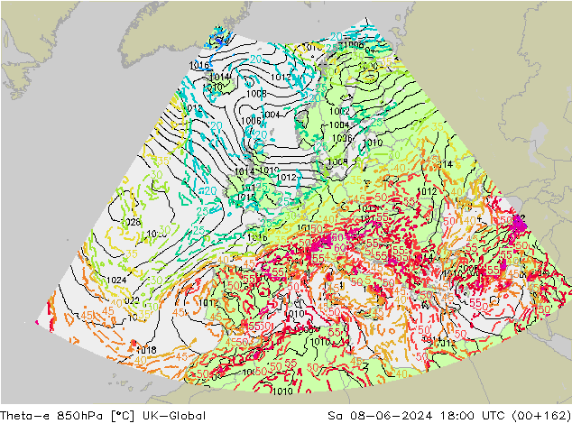 Theta-e 850hPa UK-Global so. 08.06.2024 18 UTC
