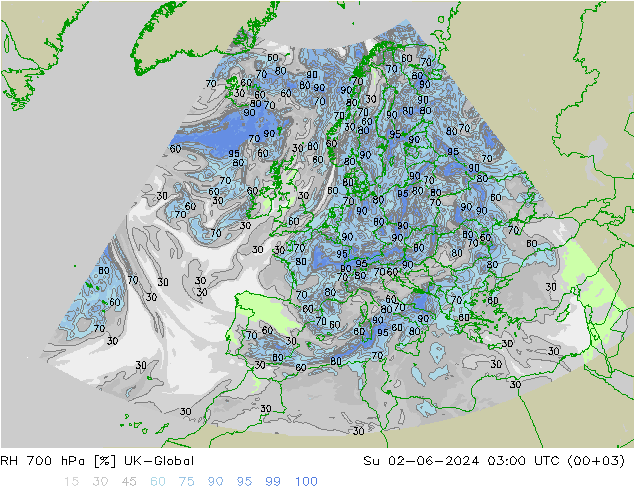 Humidité rel. 700 hPa UK-Global dim 02.06.2024 03 UTC