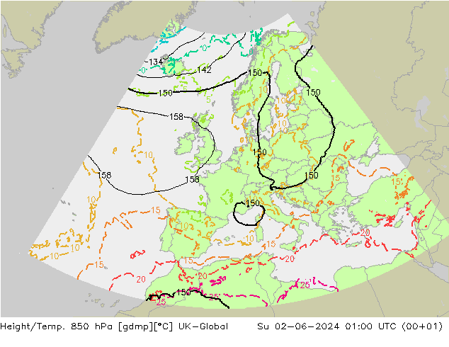 Height/Temp. 850 hPa UK-Global Su 02.06.2024 01 UTC