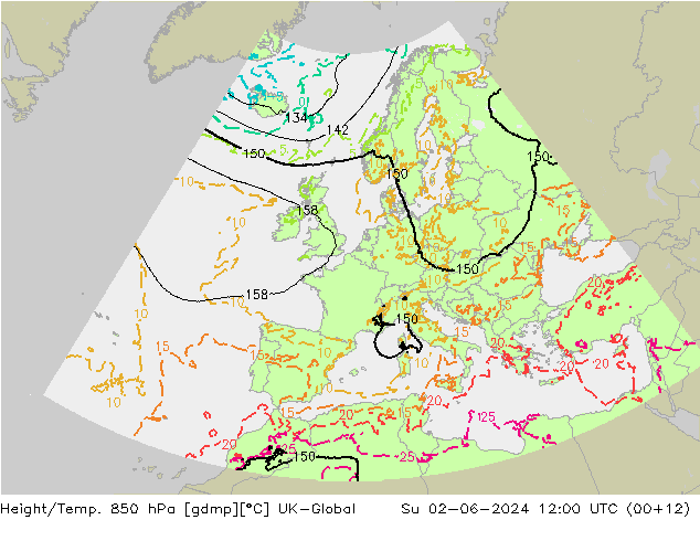 Height/Temp. 850 hPa UK-Global So 02.06.2024 12 UTC