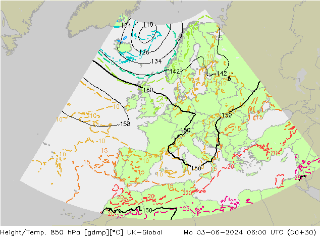 Height/Temp. 850 hPa UK-Global Mo 03.06.2024 06 UTC