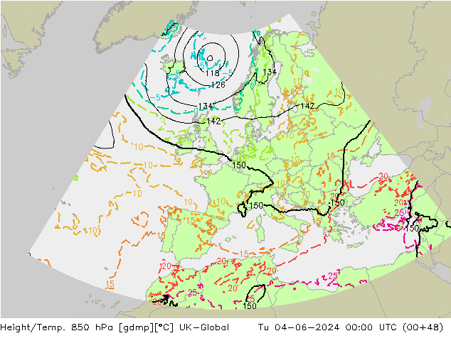 Height/Temp. 850 hPa UK-Global Di 04.06.2024 00 UTC