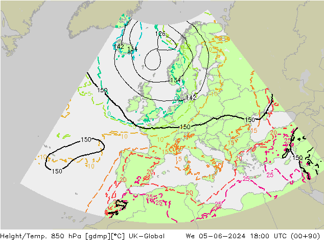 Géop./Temp. 850 hPa UK-Global mer 05.06.2024 18 UTC