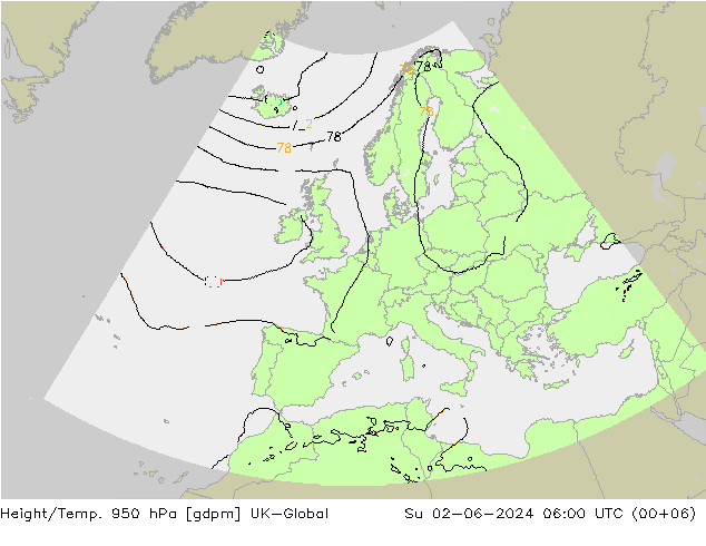 Height/Temp. 950 hPa UK-Global Su 02.06.2024 06 UTC