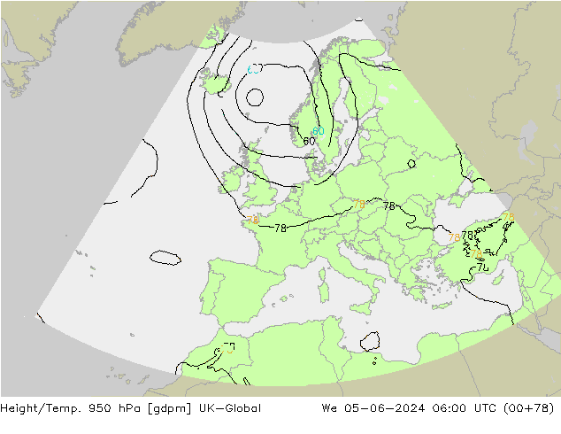 Height/Temp. 950 hPa UK-Global mer 05.06.2024 06 UTC