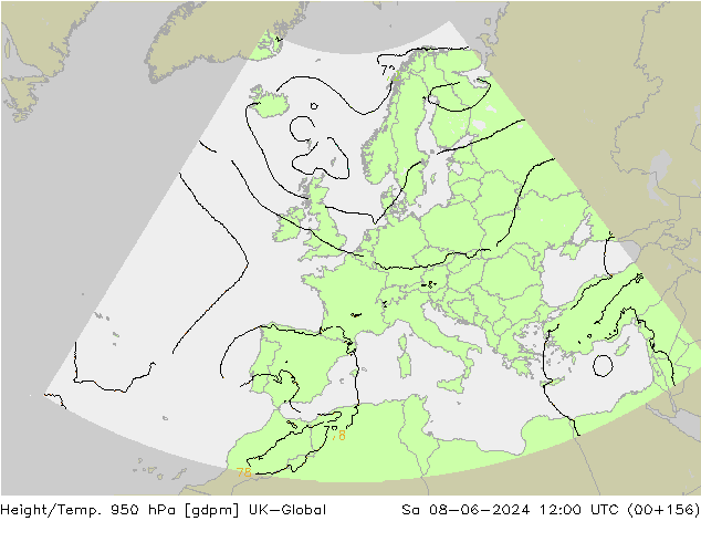Hoogte/Temp. 950 hPa UK-Global za 08.06.2024 12 UTC