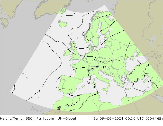 Height/Temp. 950 hPa UK-Global nie. 09.06.2024 00 UTC