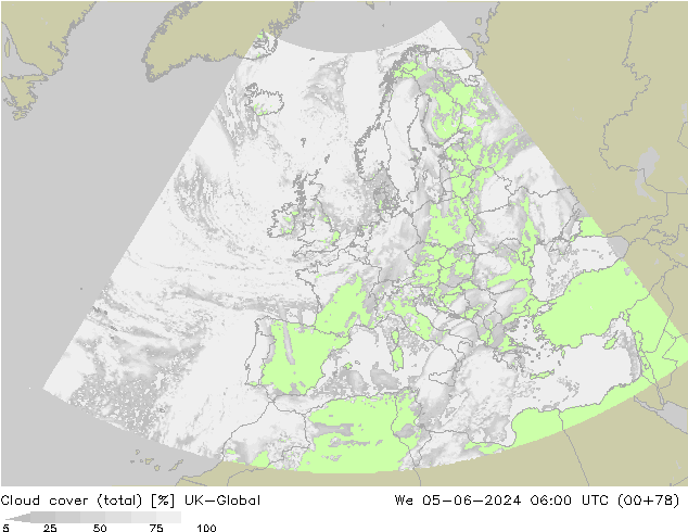 Cloud cover (total) UK-Global We 05.06.2024 06 UTC