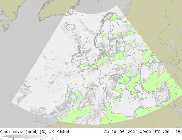 Bewolking (Totaal) UK-Global zo 09.06.2024 00 UTC