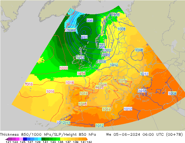 Thck 850-1000 hPa UK-Global śro. 05.06.2024 06 UTC