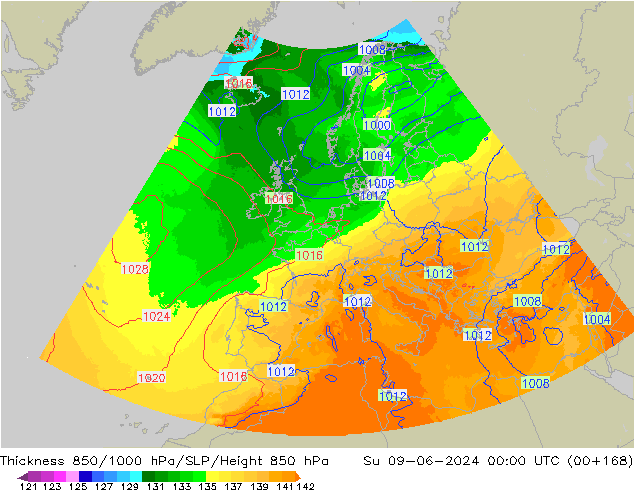 Thck 850-1000 hPa UK-Global Su 09.06.2024 00 UTC