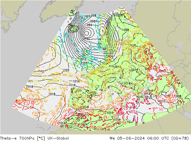 Theta-e 700hPa UK-Global śro. 05.06.2024 06 UTC