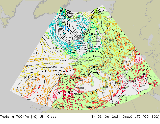 Theta-e 700hPa UK-Global Per 06.06.2024 06 UTC
