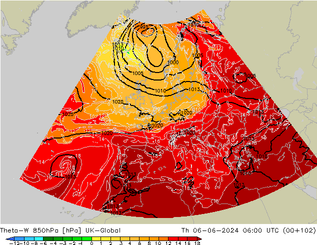 Theta-W 850hPa UK-Global Do 06.06.2024 06 UTC
