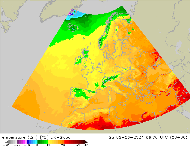 Sıcaklık Haritası (2m) UK-Global Paz 02.06.2024 06 UTC