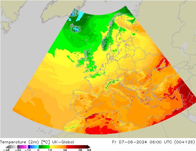 Temperature (2m) UK-Global Fr 07.06.2024 06 UTC