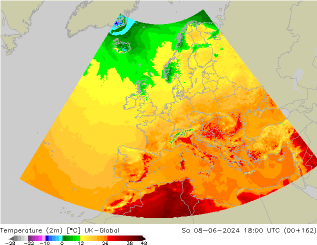 Sıcaklık Haritası (2m) UK-Global Cts 08.06.2024 18 UTC