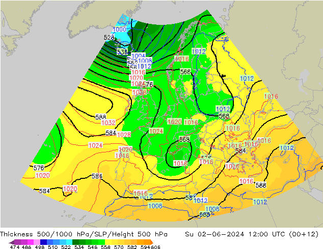 Thck 500-1000гПа UK-Global Вс 02.06.2024 12 UTC