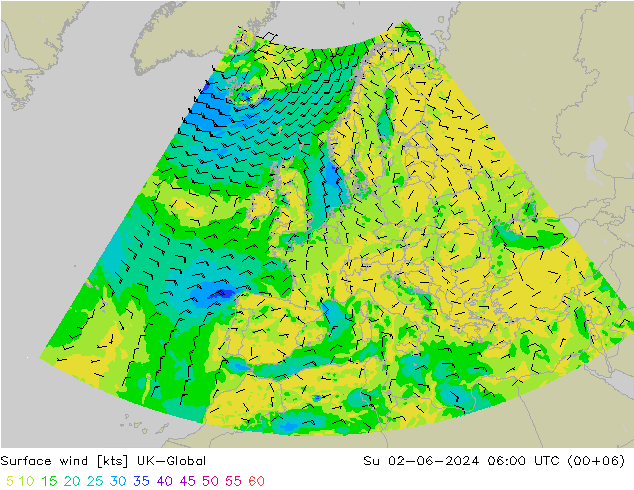 Viento 10 m UK-Global dom 02.06.2024 06 UTC