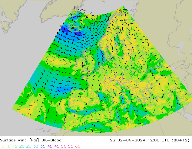 Surface wind UK-Global Su 02.06.2024 12 UTC