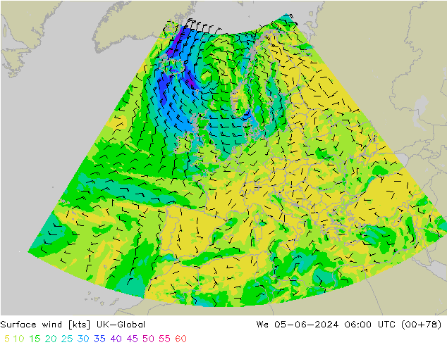 wiatr 10 m UK-Global śro. 05.06.2024 06 UTC