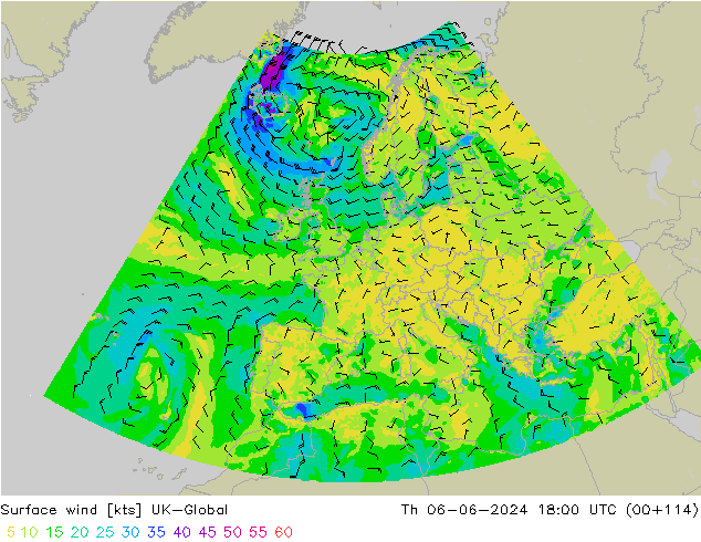 Surface wind UK-Global Th 06.06.2024 18 UTC