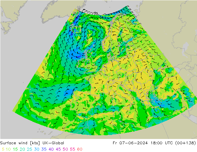 Viento 10 m UK-Global vie 07.06.2024 18 UTC