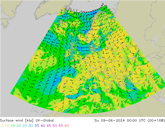 Surface wind UK-Global Su 09.06.2024 00 UTC