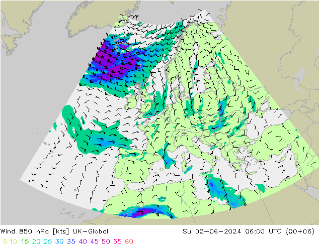 Wind 850 hPa UK-Global Su 02.06.2024 06 UTC