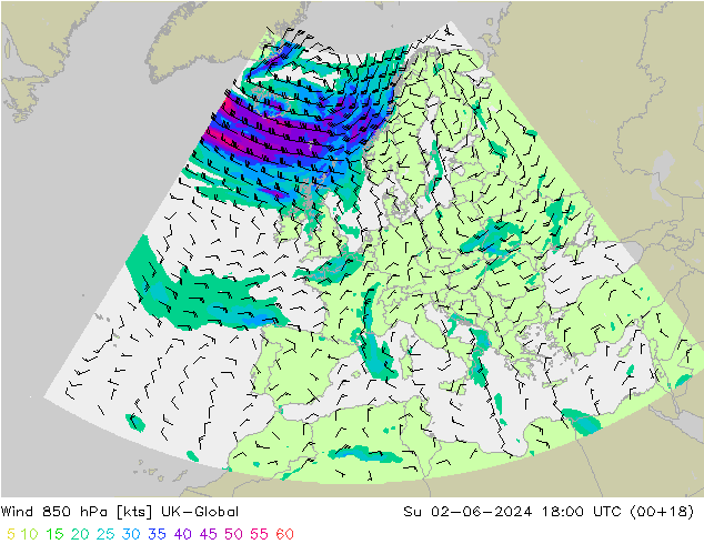 Wind 850 hPa UK-Global zo 02.06.2024 18 UTC