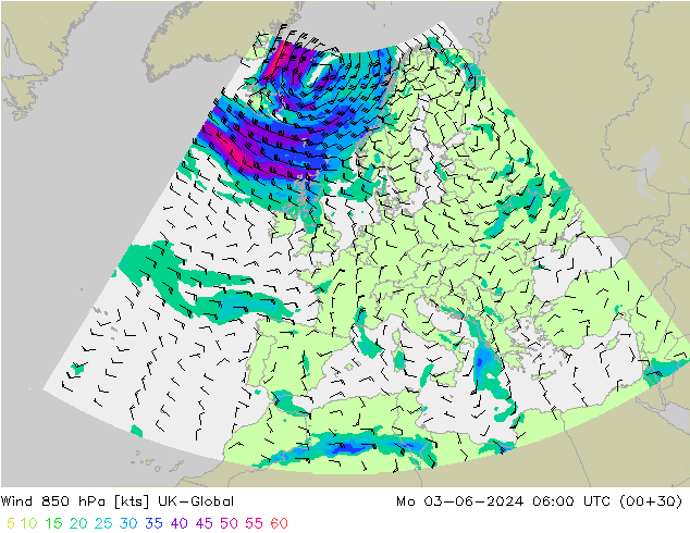 Wind 850 hPa UK-Global Mo 03.06.2024 06 UTC