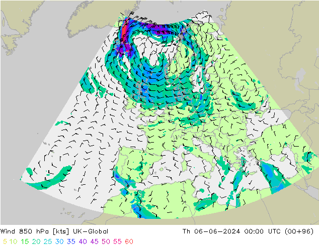 Wind 850 hPa UK-Global Th 06.06.2024 00 UTC