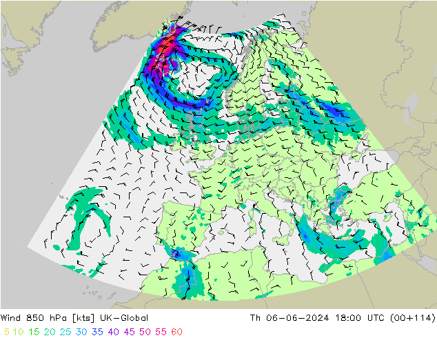 Viento 850 hPa UK-Global jue 06.06.2024 18 UTC